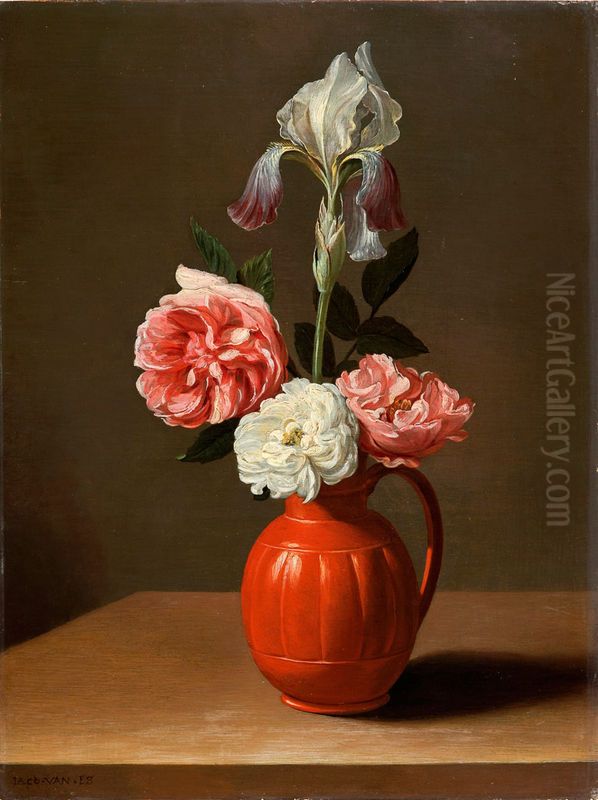 An iris and three roses in an earthenware pot Oil Painting by Jacob van Es