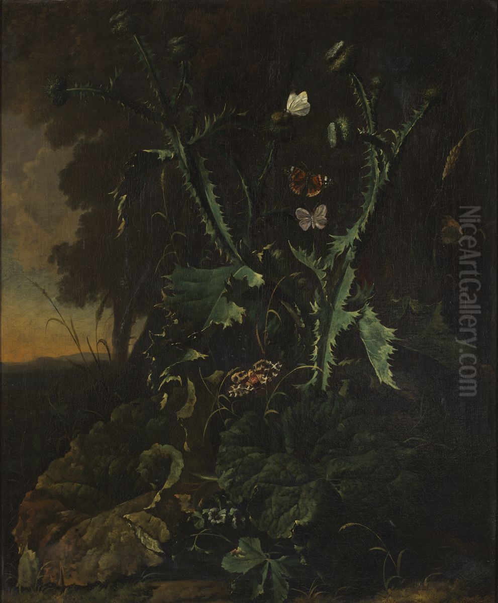 Stilleben med tistlar och fjarilar Oil Painting by Abraham Begeyn
