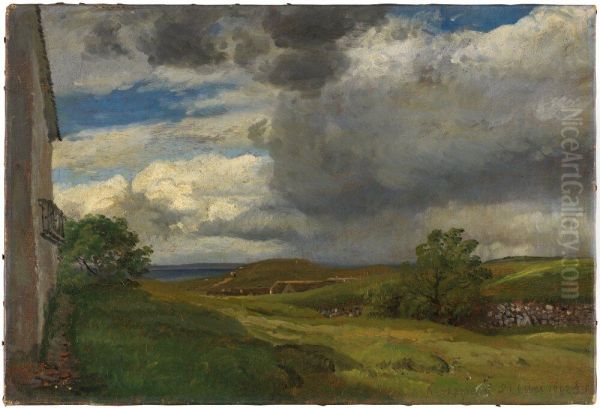 Landscape from Helgenaes with rain clouds Oil Painting by Janus la Cour