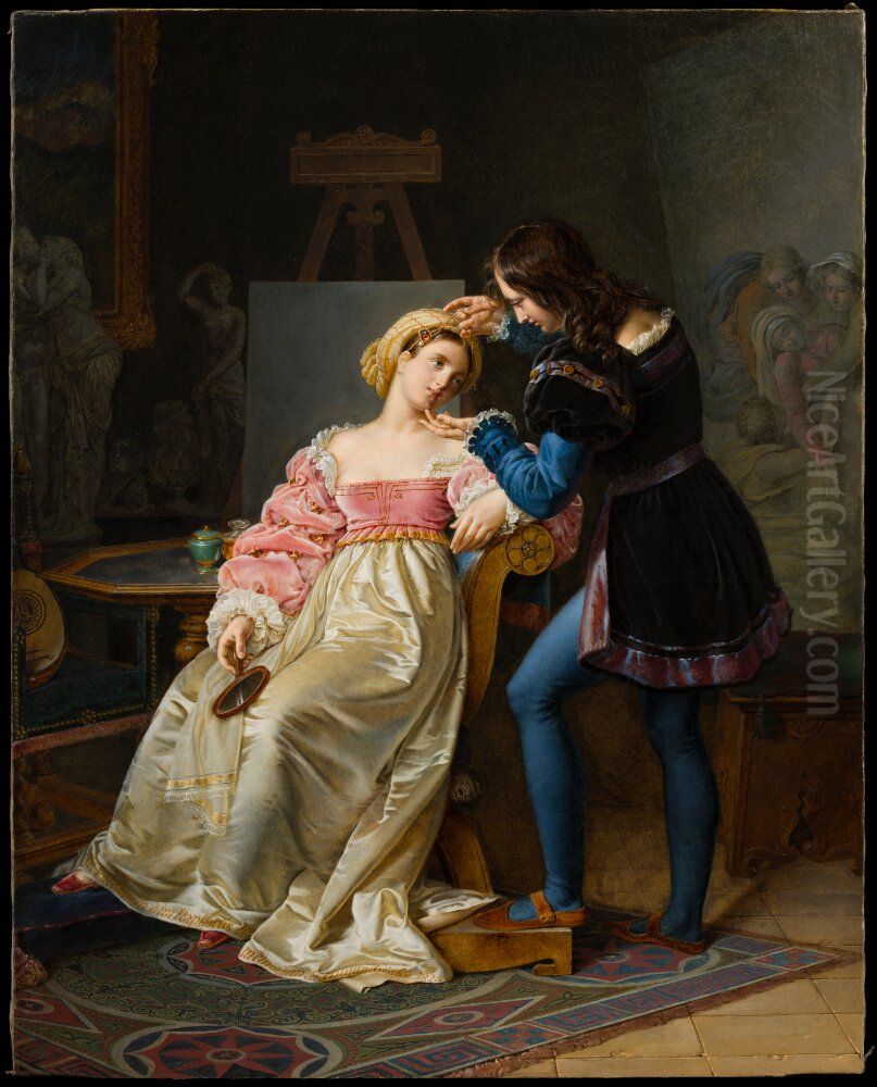 Raphael Adjusts Fornarina's Hair Before Painting her Portrait Oil Painting by Marie-Philippe Coupin de la Couperie