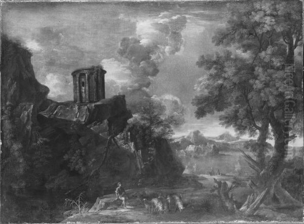 Landskap med rundtempel Oil Painting by Jacob De Heusch