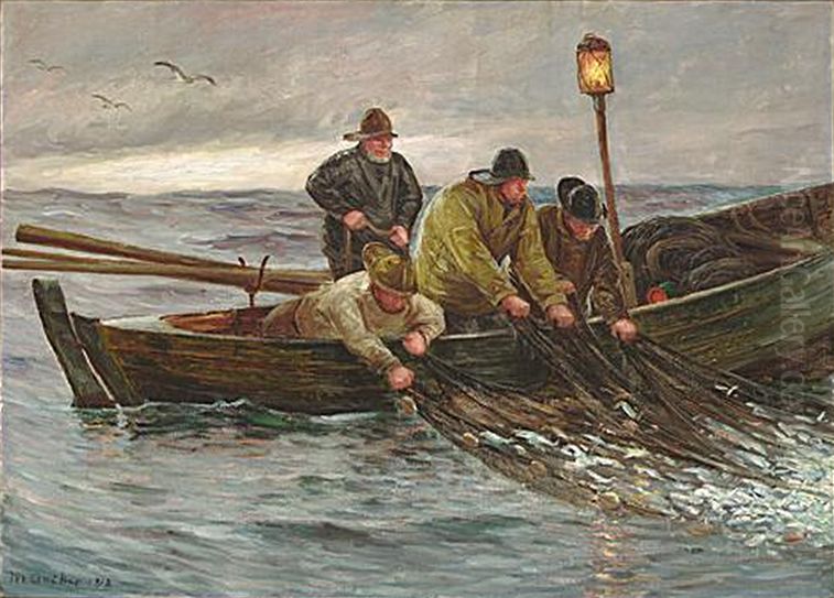 Fiskere traekker vod fra deres robad. Oil Painting by Michael Peter Ancher