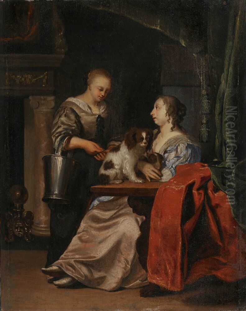 Interior with Two Ladies and Two Dogs Oil Painting by Pieter van der Werff