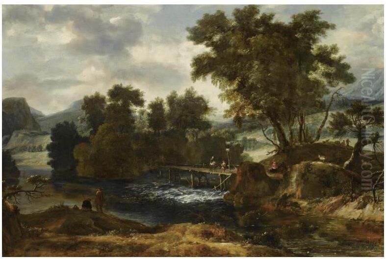 Berglandschap met reizigers op een brug over een waterval Oil Painting by Roelant Roghman