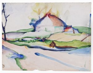 Gestileerd landschap met boerderij en gele bomen