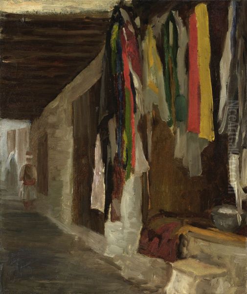 The dyeworks in the souk, Algiers Oil Painting by Eugene Isabey