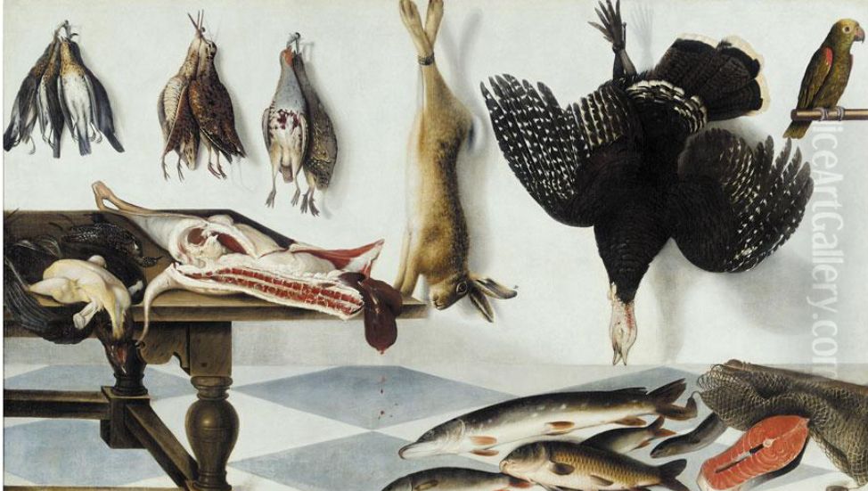 Game larder with a hare, partridge, snipe, a turkey, a side of meat, capons, starlings, pike, eel and fish with a parrot Oil Painting by Cornelis Biltius