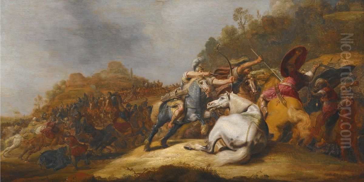 A Battle on Horseback with Armored Soldiers and Soldiers Wearing Turbans, in a Landscape Oil Painting by Gerrit Claesz Bleker