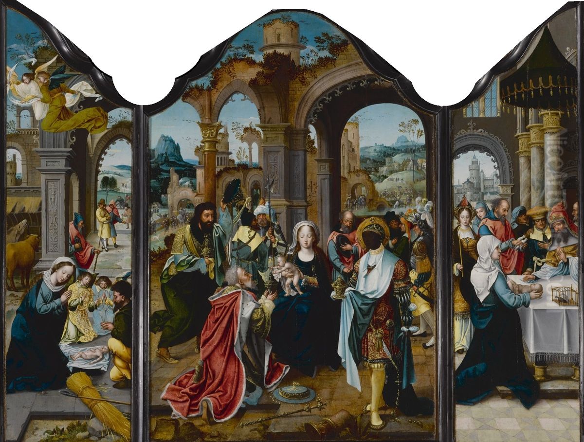 Triptych of Nativity, Adoration of the Magi, Presentation in the Temple Oil Painting by Pieter Coecke Van Aelst