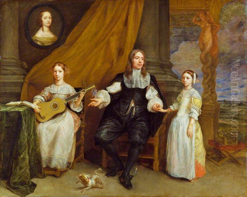 Portrait of an unknown man with two daughters Oil Painting by Gonzales Coques