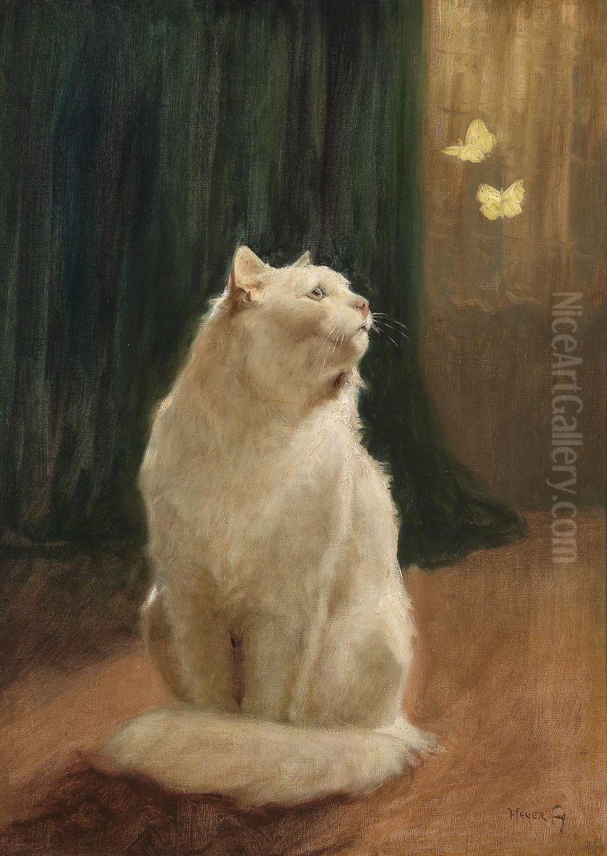 White Cat and two Brimstone Butterflies Oil Painting by Arthur Heyer