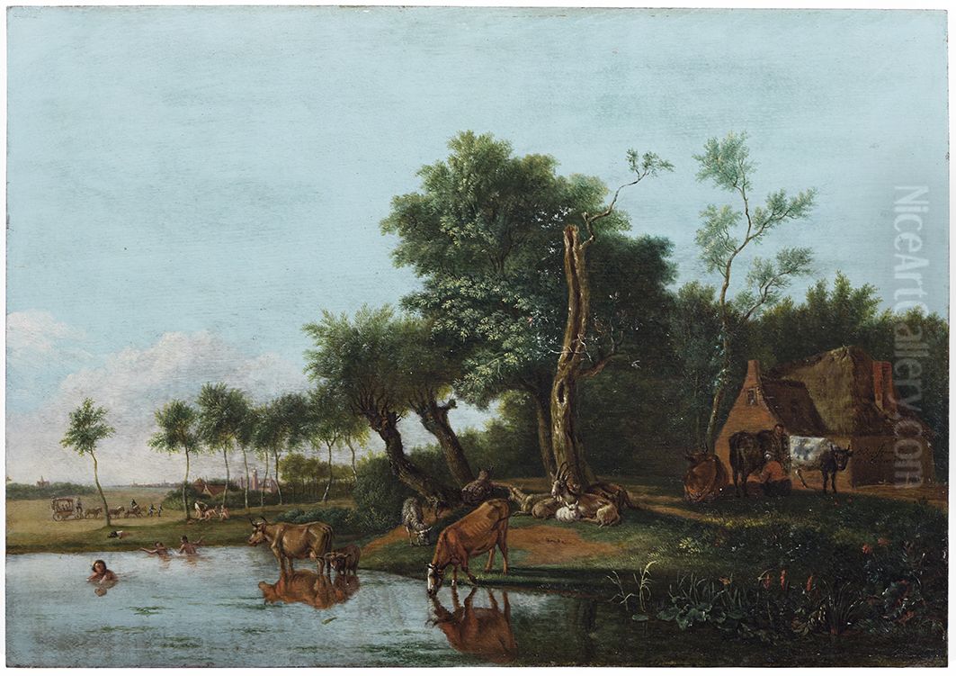 Het spiegelend koetje, Zwemmers, Oil Painting by Albarta ten Oever