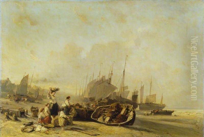 Boats on the Shore at Calais Oil Painting by Eugene Isabey