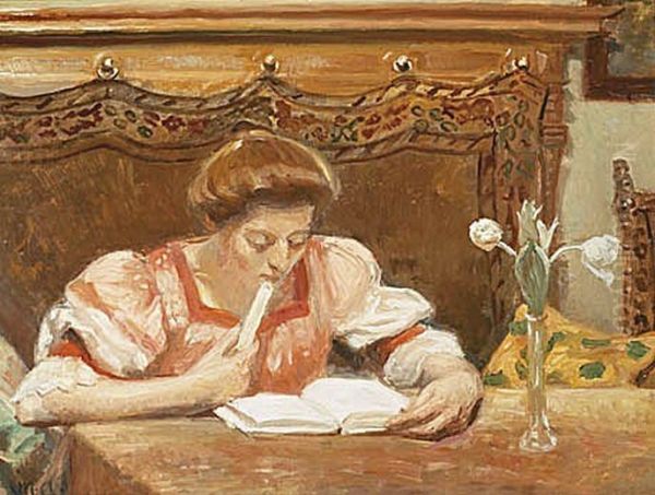 Interior with a young woman reading. Oil Painting by Michael Peter Ancher