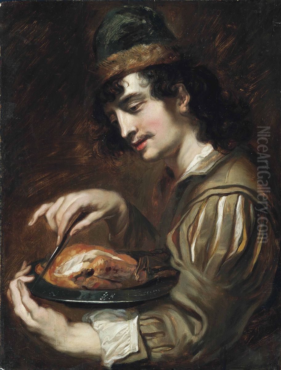 Man holding a pewter charger with a chicken Oil Painting by Jan Cossiers