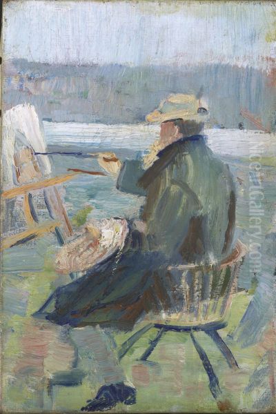Christian Krohg at the Easel Oil Painting by Oda Krohg