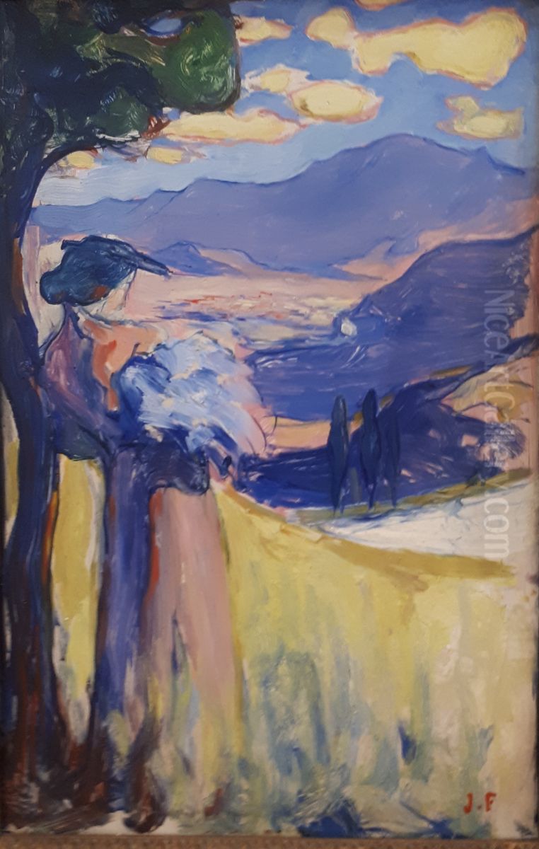 Femme au bouquet devant le Moucherotte (Jacqueline Marval) Oil Painting by Jules Flandrin