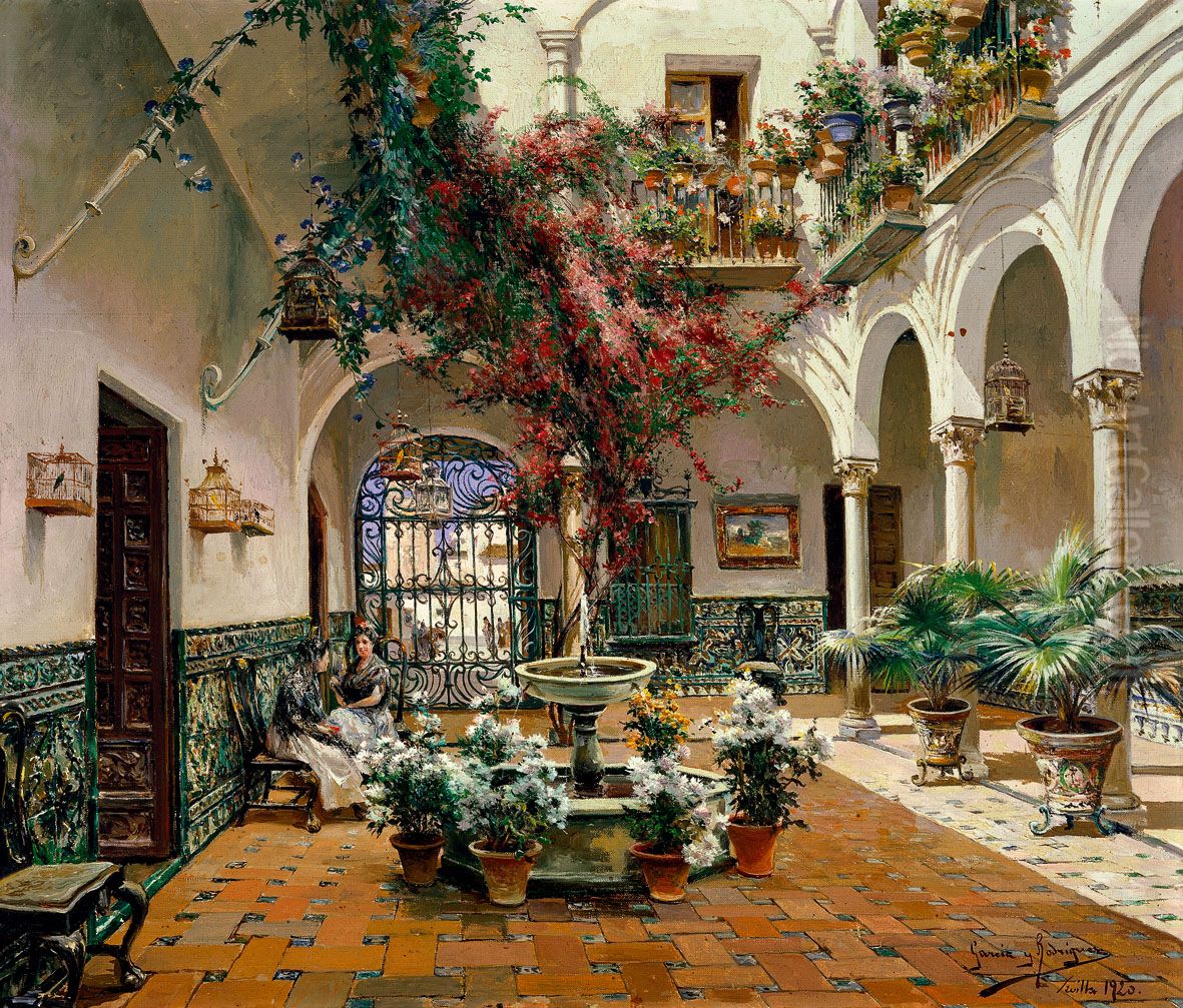Patio interior, Sevilla Oil Painting by Manuel Garcia y Rodriguez
