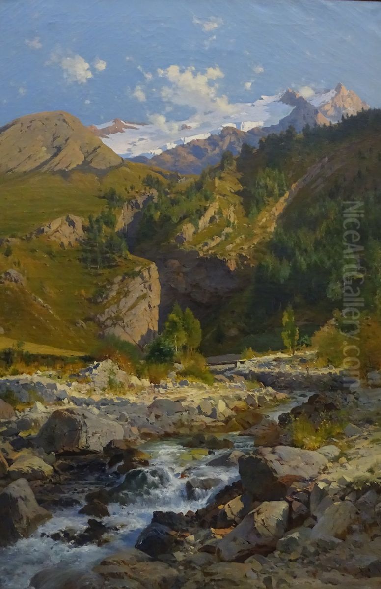 Le Torrent de Chalvachere, le glacier du Tabuchet et la Meije Oil Painting by Laurent Guetal