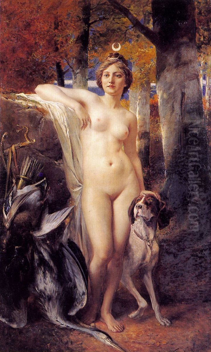 Diana with her dog in the clear of a forest Oil Painting by Ferdinand Wagner the Younger