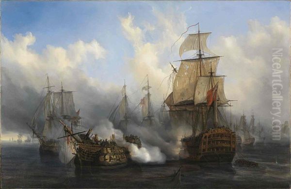 Combat glorieux du vaisseau le Bucentaure contre trois vaisseaux anglais Oil Painting by Auguste Etienne Francois Mayer
