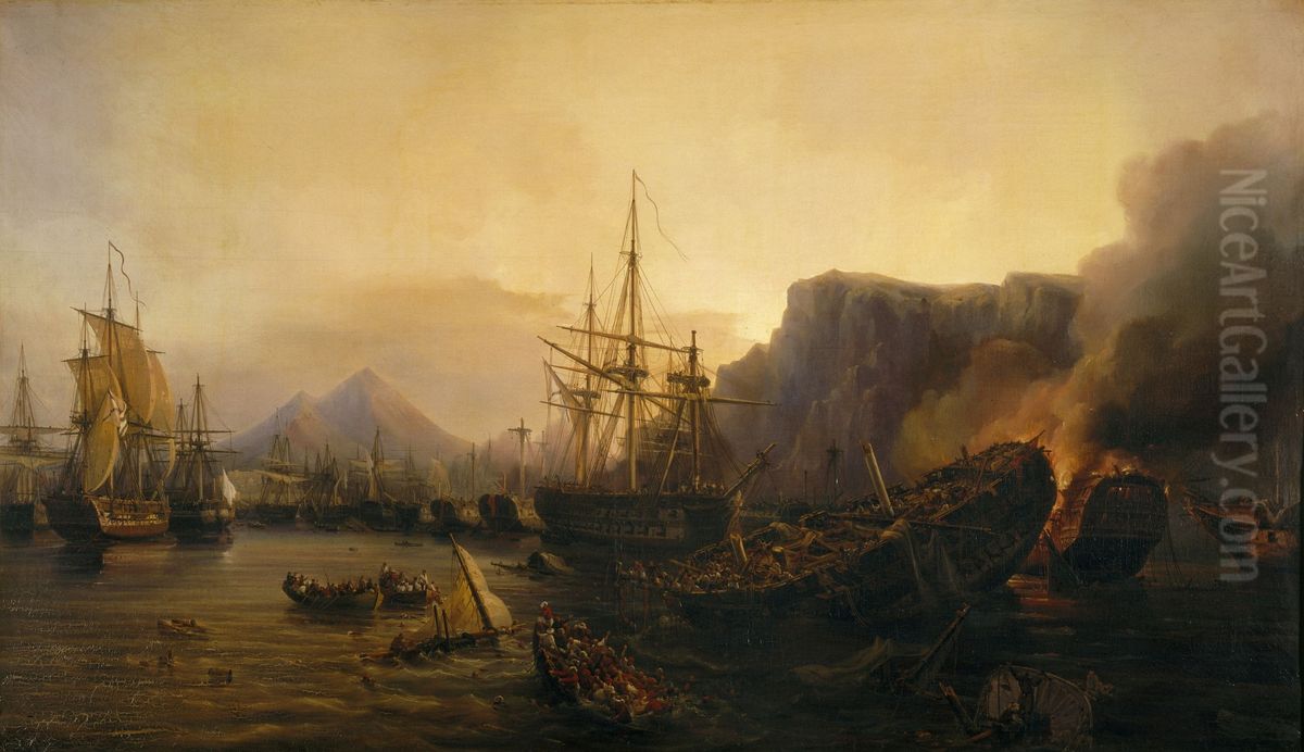 Le soir de la bataille de Navarin, 1827 Oil Painting by Auguste Etienne Francois Mayer