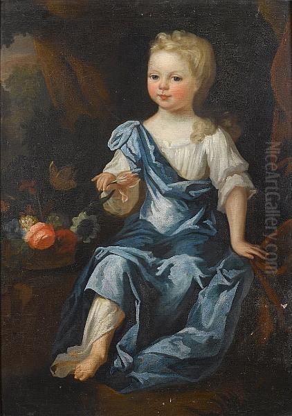 Portrait Of A Young Girl, Seated Full-length, In A White Chemise And A Blue Wrap, With A Basket Of Flowers Oil Painting by Robert Byng
