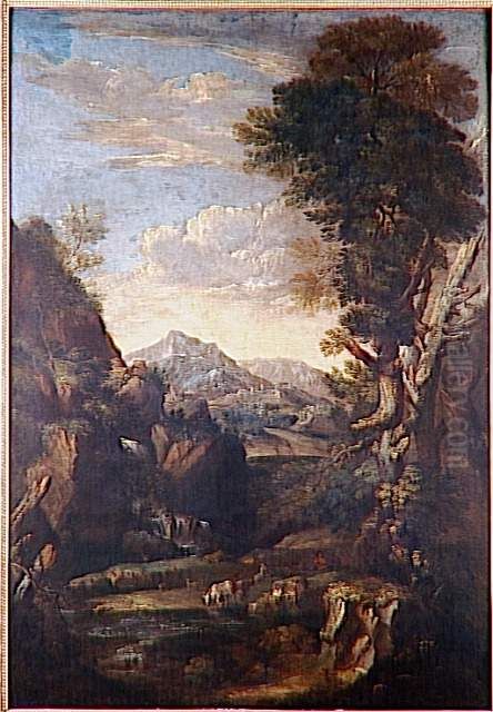 Paysage avec une cascade et un patre gardant un troupeau Oil Painting by Salvator Rosa