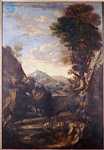 Paysage avec une cascade et un patre gardant un troupeau