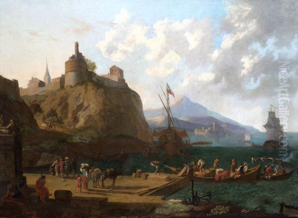 A  mediterranean harbour scene with numerous figures on a que beneath a fort Oil Painting by Adriaen Van Der Cabel