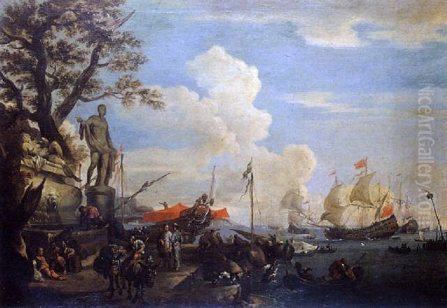 Mediterraneon port with Turkish merchants Oil Painting by Adriaen Van Der Cabel
