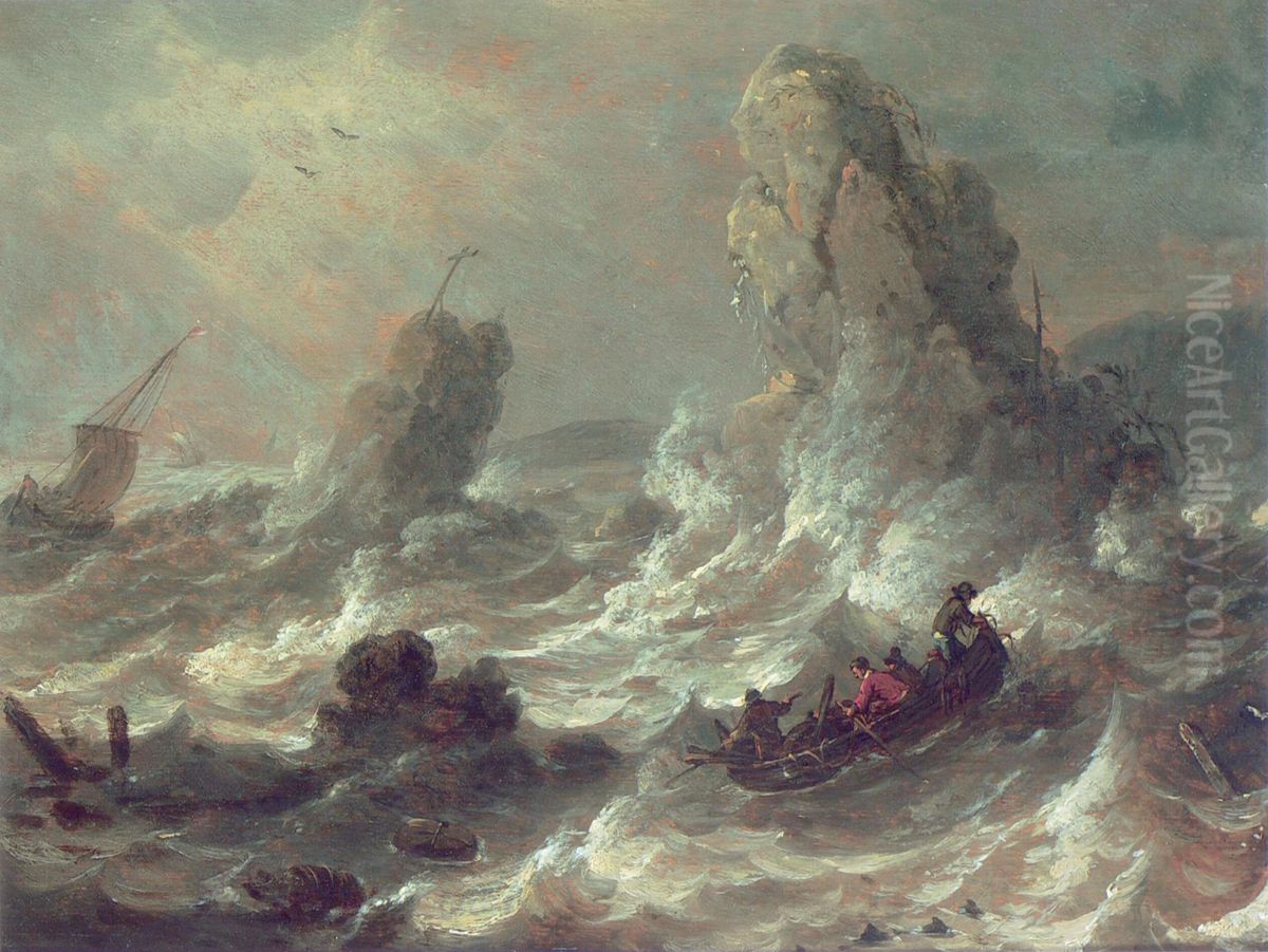 Stormy sea with some boats nearby clifs Oil Painting by Adriaen Van Der Cabel