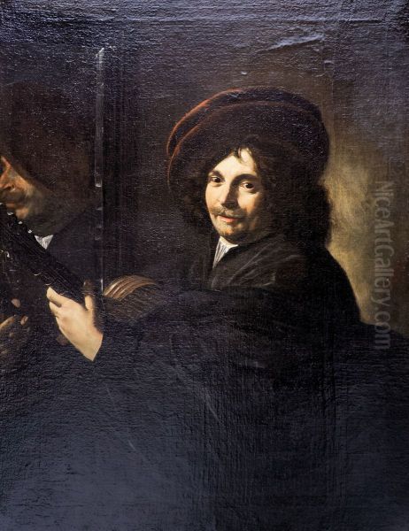 Portrait d'homme a la guitare Oil Painting by Nicolas Regnier