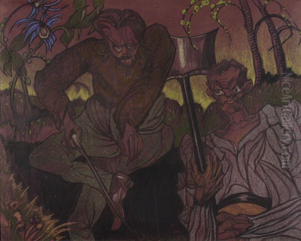 Kompozycja z grabarzami Oil Painting by Stanislaw Ignacy Witkiewicz