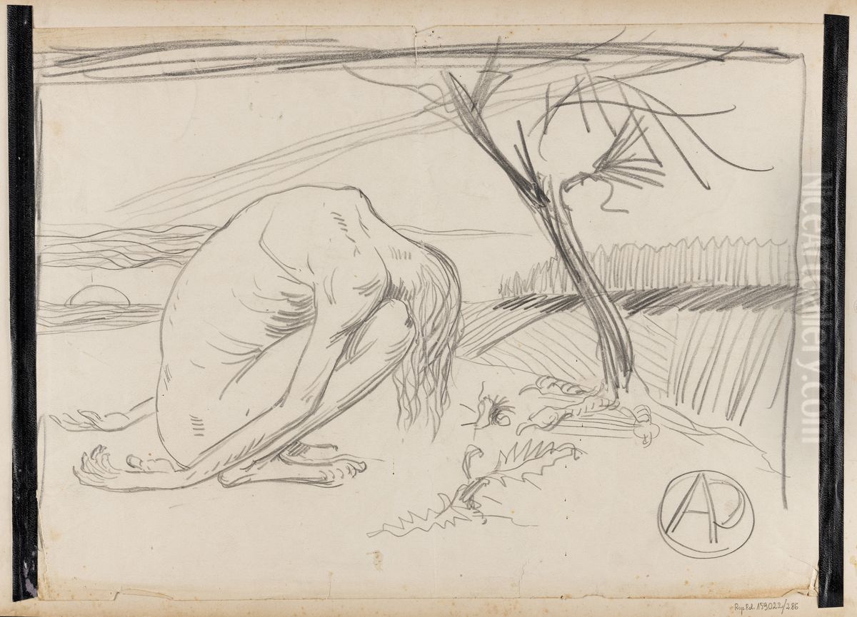 A huddled figure in a fantastic landscape Oil Painting by Stanislaw Ignacy Witkiewicz (Witkacy)