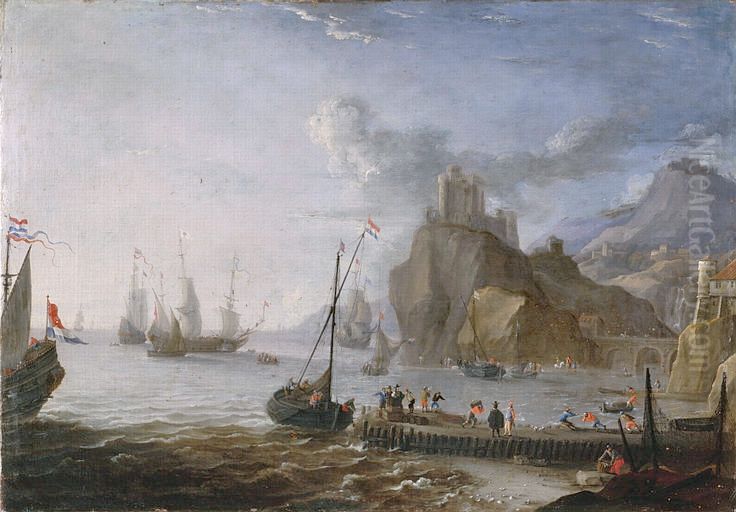 View on a sea-port Oil Painting by Adriaen Van Der Cabel