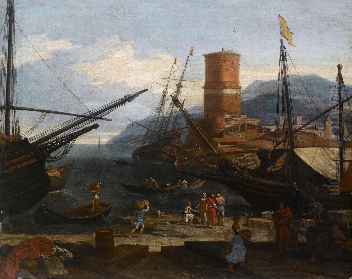 View of a southern port Oil Painting by Adriaen Van Der Cabel