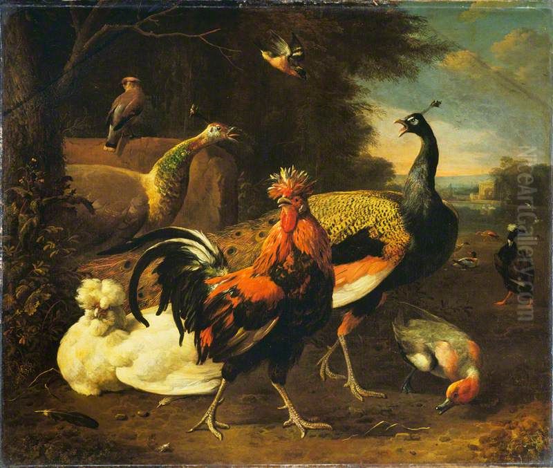 A Cockerel with Other Birds Oil Painting by Melchior D'Hondecoeter