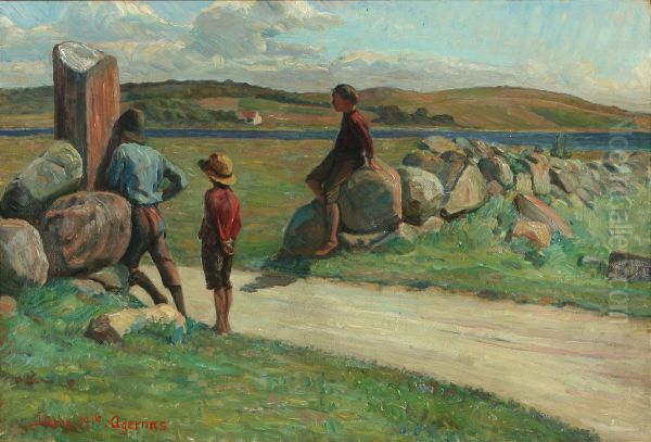 Sommerparti fra Agernaes med drenge ved et stengaerde Oil Painting by Ingeborg Rode