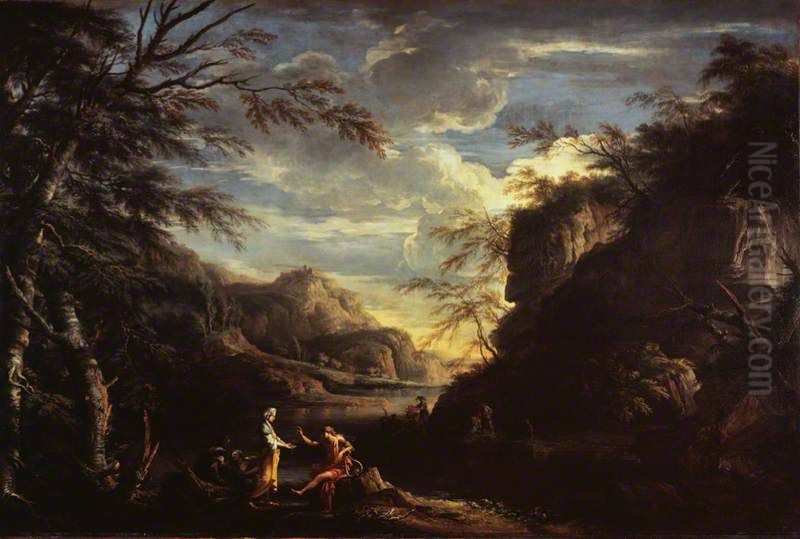 River Landscape with Apollo and the Cumaean Sibyl Oil Painting by Salvator Rosa
