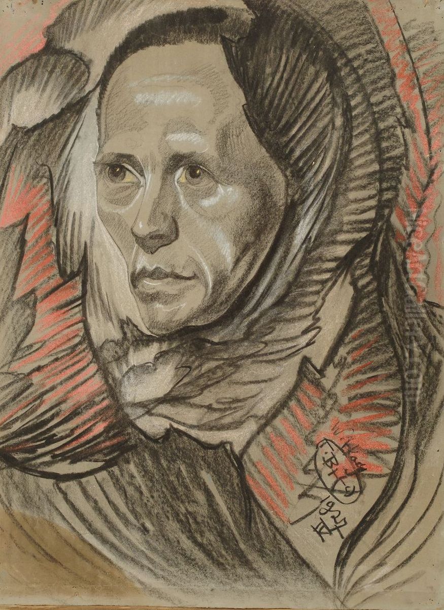 Portrait of Jozef Fedorowicz, in a scarf Oil Painting by Stanislaw Ignacy Witkiewicz (Witkacy)