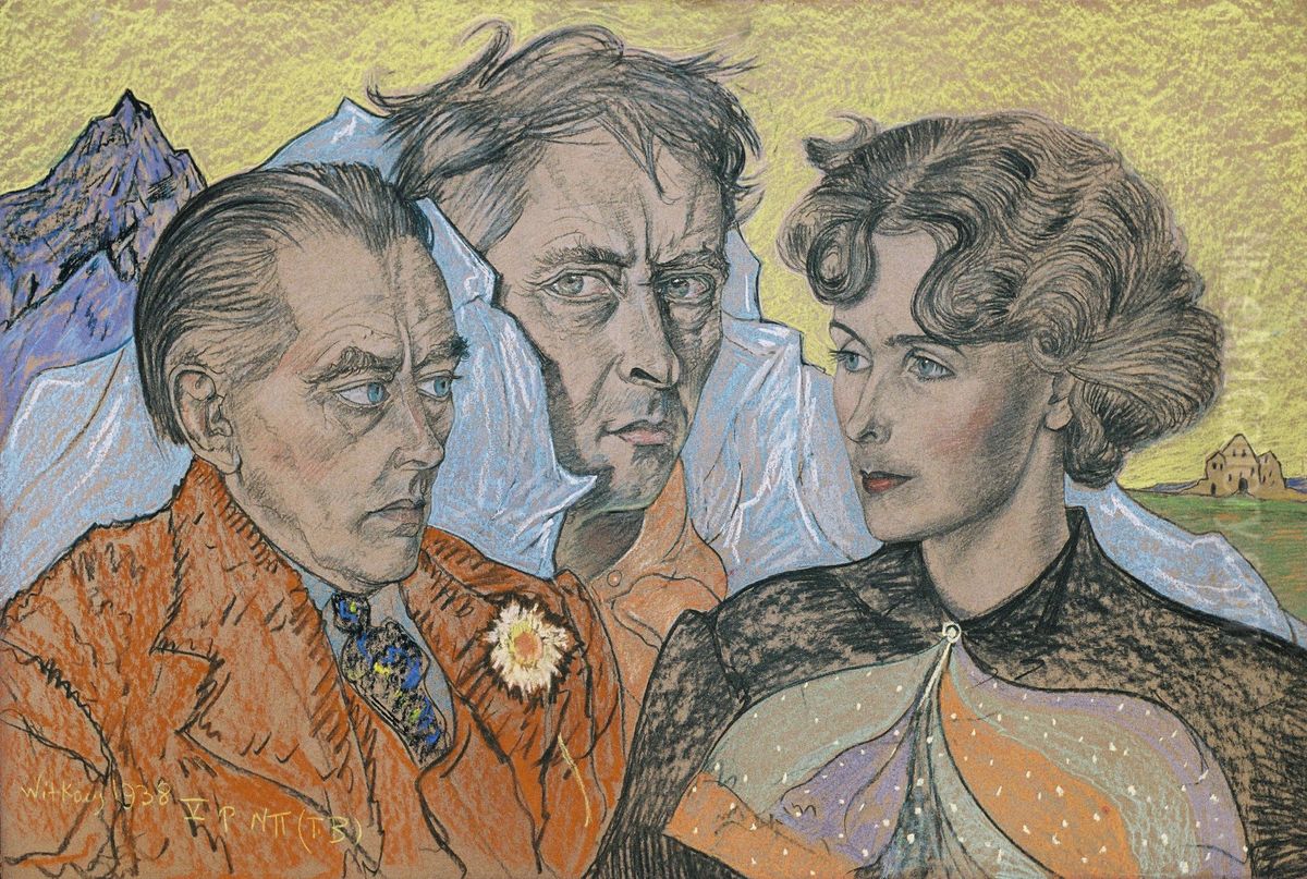 Group portrait -Tadeusz Langier, Witkacy, Bronislawa Wlodarska (Litauerowa) Oil Painting by Stanislaw Ignacy Witkiewicz (Witkacy)