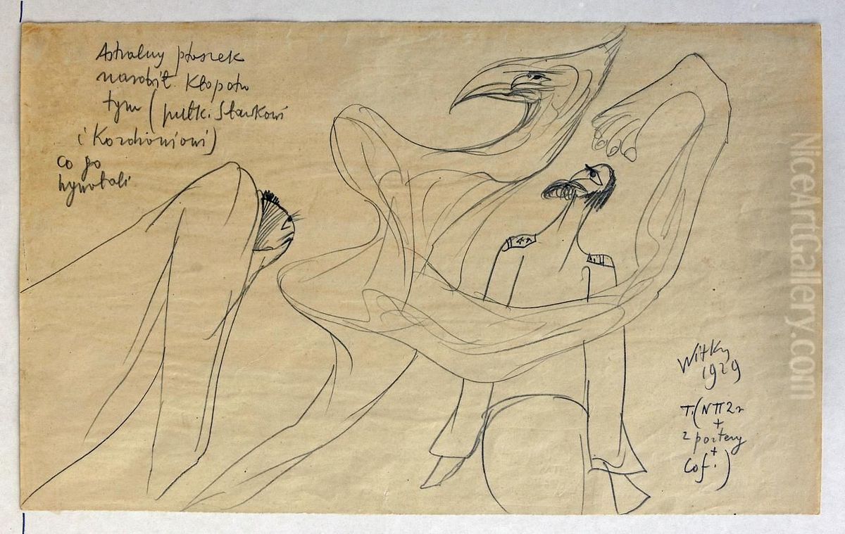 Astralny ptaszek narobil klopotu tym (pulk. Slawkowi i Kozdroniowi) co go wywolali. Oil Painting by Stanislaw Ignacy Witkiewicz (Witkacy)