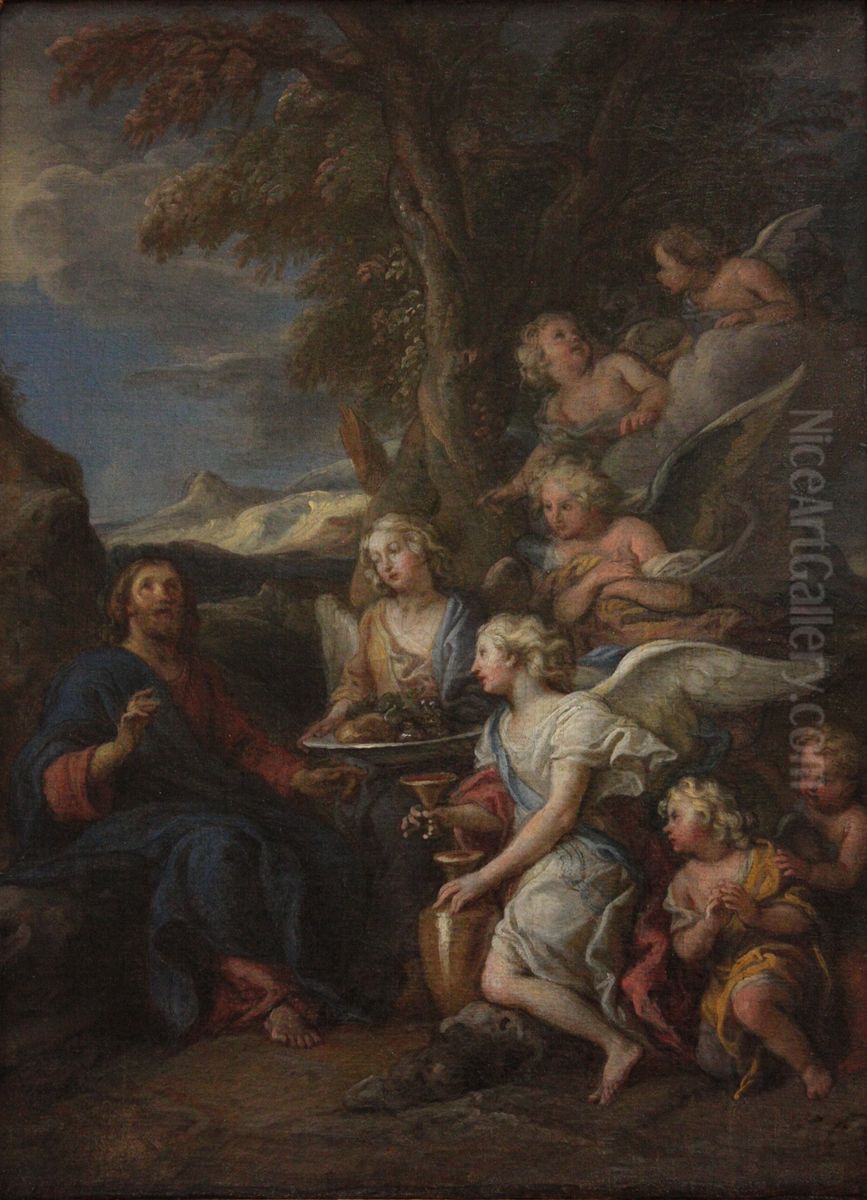 Le Christ au desert servi par les anges Oil Painting by Charles de La Fosse