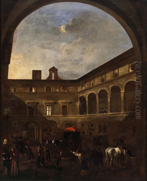 The Courtyard of Palazzo Nardini in Rome Oil Painting by Jan Miel