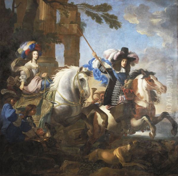 Henriette of Savoy and Ferdinand of Bavaria at the hunt Oil Painting by Jan Miel