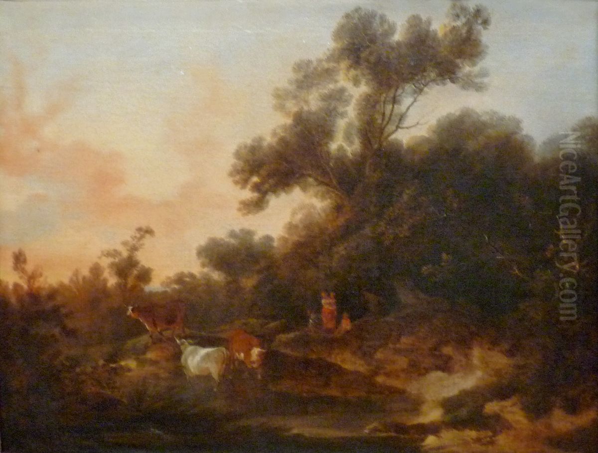 Paysage avec figures et troupeau au soleil couchant Oil Painting by Philip James de Loutherbourg