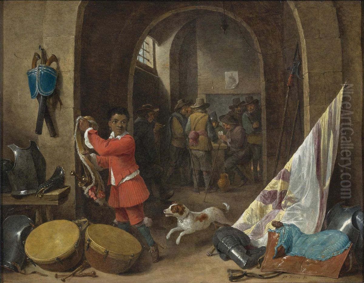 Interior of a guardroom with a black servant near a still life of a saddle, a banner, drums and cuirasses; soldiers playing cards in the background Oil Painting by David Teniers the Younger