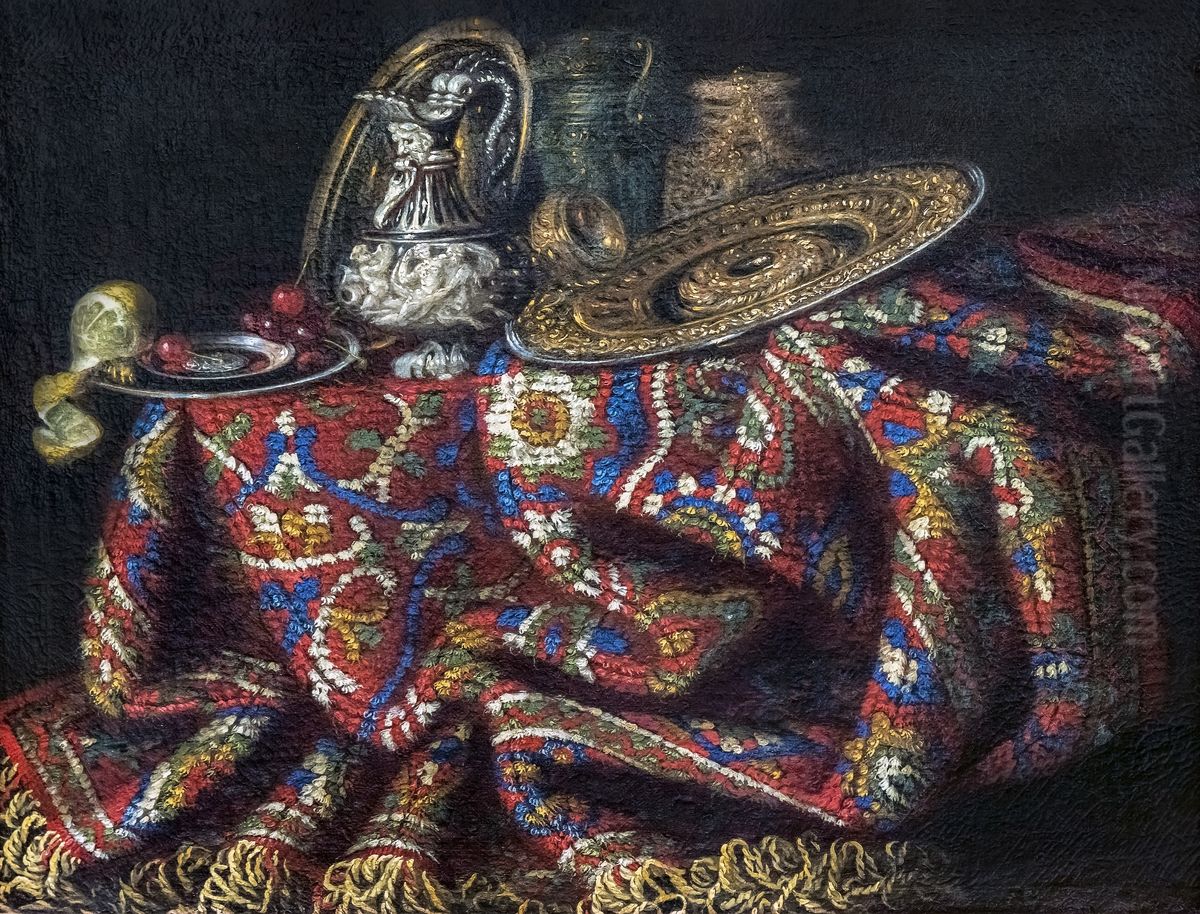 Still life with carpetFrancais:Nature morte au tapisItaliano:Natura morta con tappeto Oil Painting by Francesco Maltese