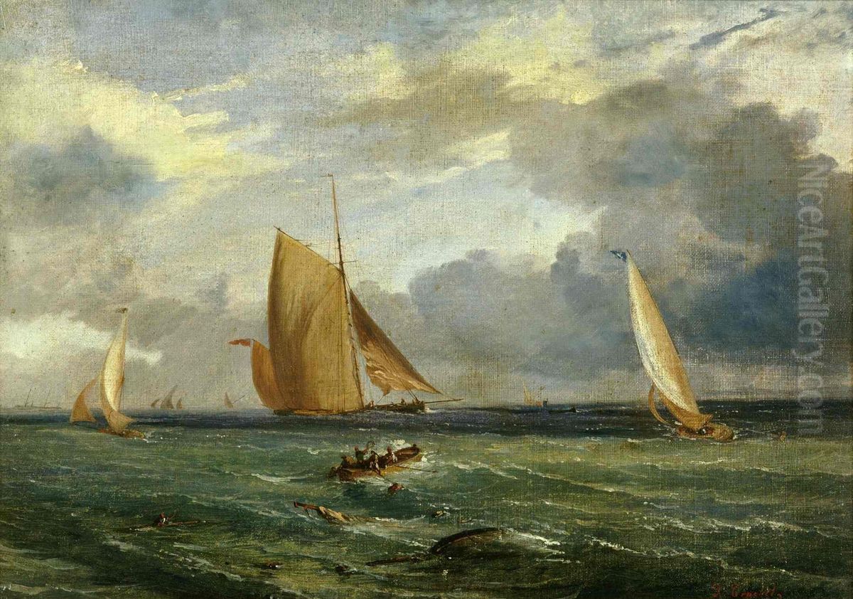 Bateaux en regate et scene de peche au large du cap d'Antibes Oil Painting by Dominique Trachel